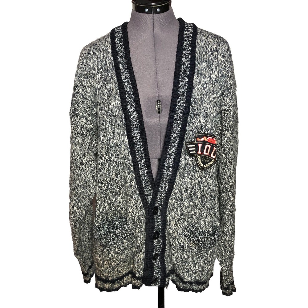 Vtg 90s IOU Club Legend Cardigan Oversized Grunge Preppy Varsity Knit Sweater L